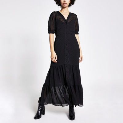 Black textured shirt smock maxi dress | River Island