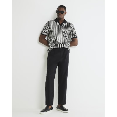 Black Textured Stripe Open Neck Polo Shirt
