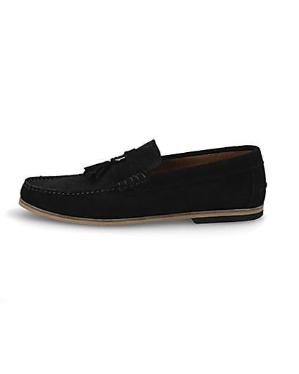 360 degree animation of product Black textured suede tassel loafers frame-3