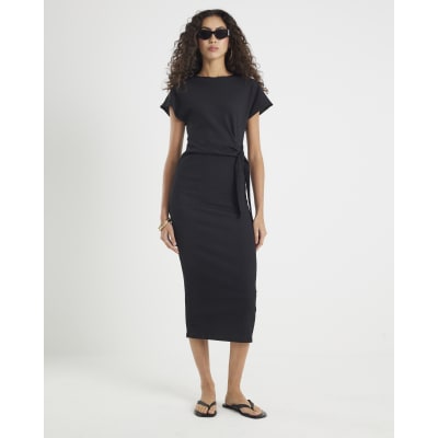 Black Textured Tie Waist Midi Dress