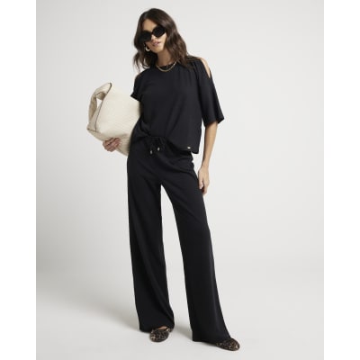 Black textured wide leg drawstring trousers | River Island
