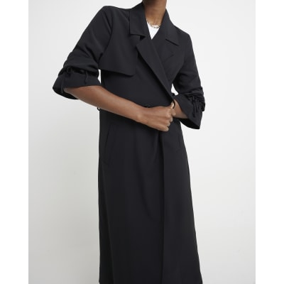 Black tie cuff belted duster coat River Island