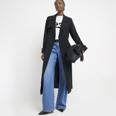 Black tie cuff belted duster coat