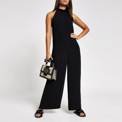 Black tie neck jumpsuit | River Island