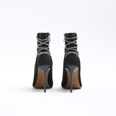 Black tie up heeled ankle boots River Island