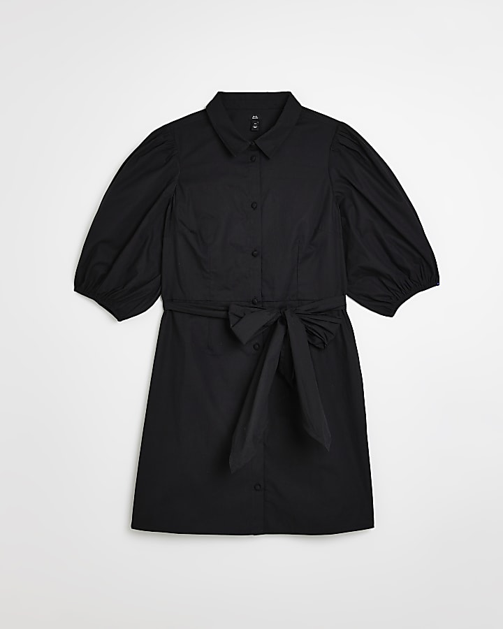 Black tie waist mini shirt dress
