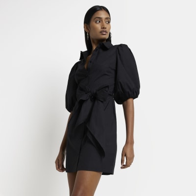 Black tie waist mini shirt dress | River Island