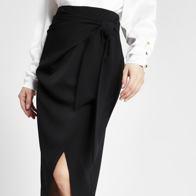 Black tie wrap pencil midi skirt 