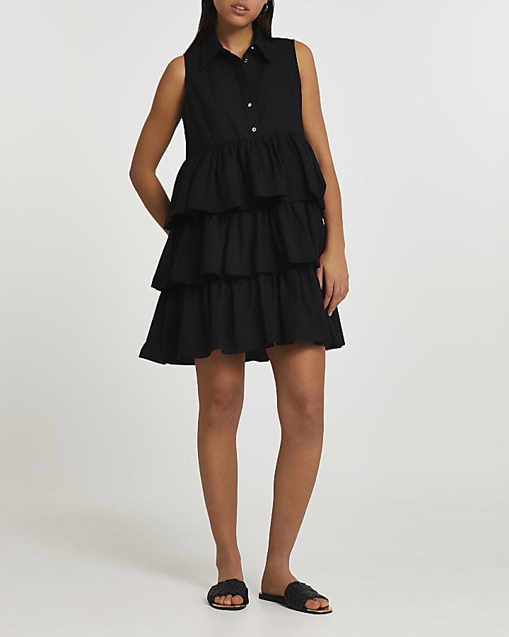 Black tier mini smock dress