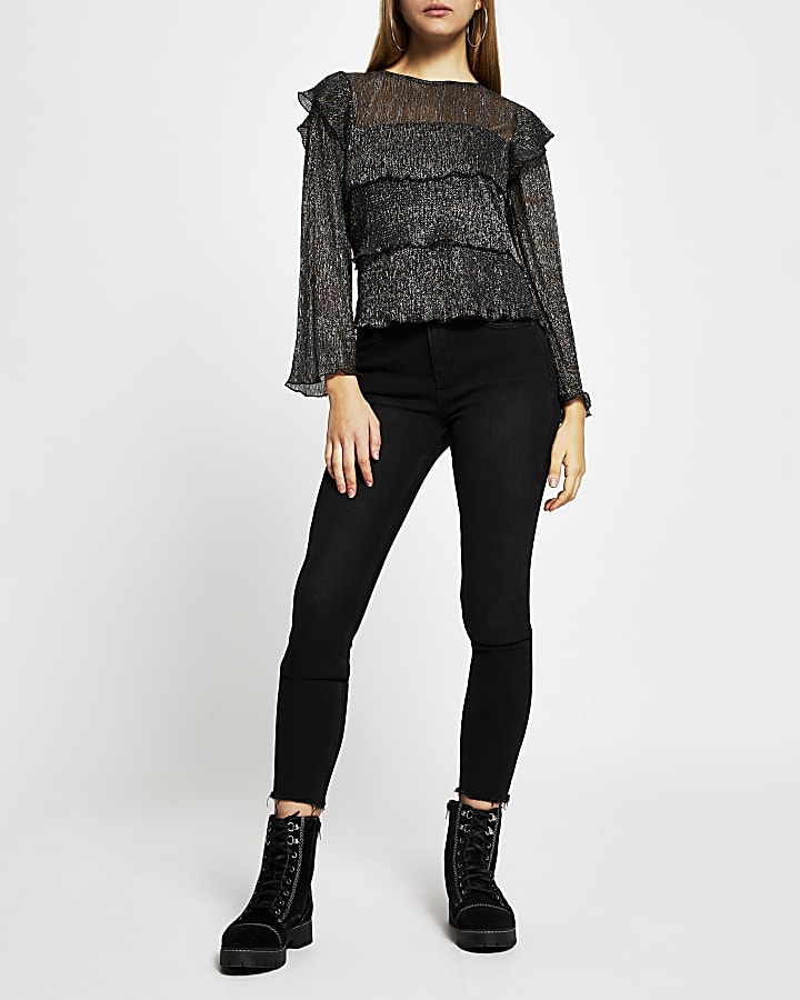 Black Tiered Plisse Layered Top