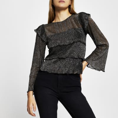 Image of River Island Womens Black Tiered Plisse Layered Top