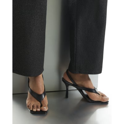 Black Toe Thong Heeled Sandals