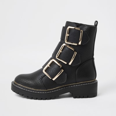 Black triple buckle high boots