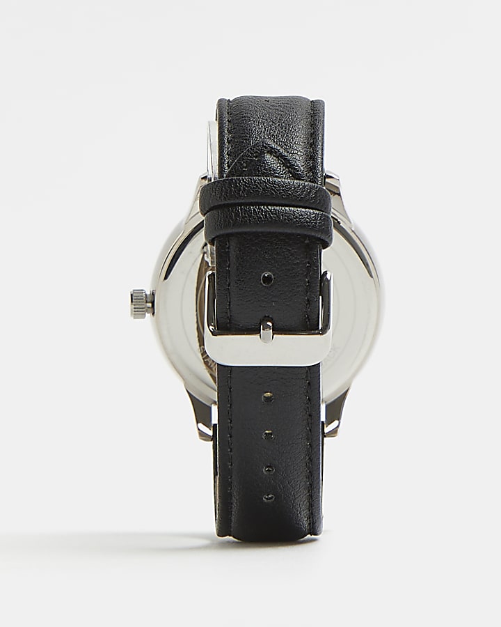 Black triple dial leather watch