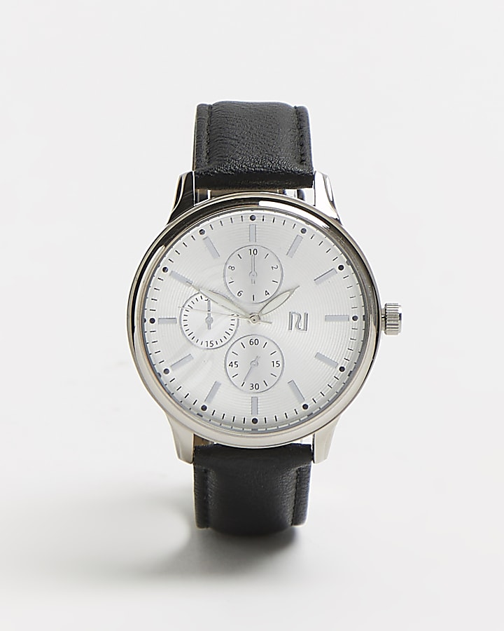 Black triple dial leather watch
