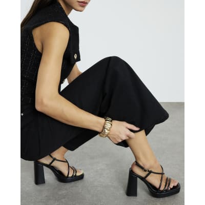Black Triple Strap Platform Heeled Sandals