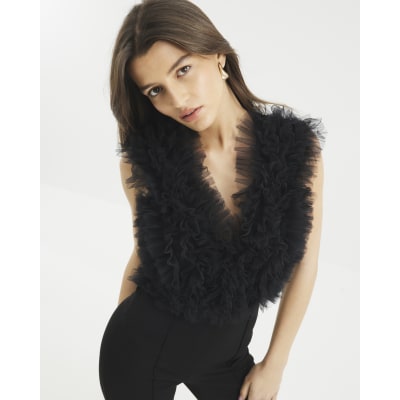 Black Tulle 3D Ruffle Jumpsuit