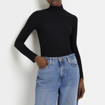 Ribbed Long Sleeved Turtle Neck Top Black