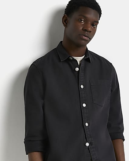 Black twill regular fit long sleeve shirt