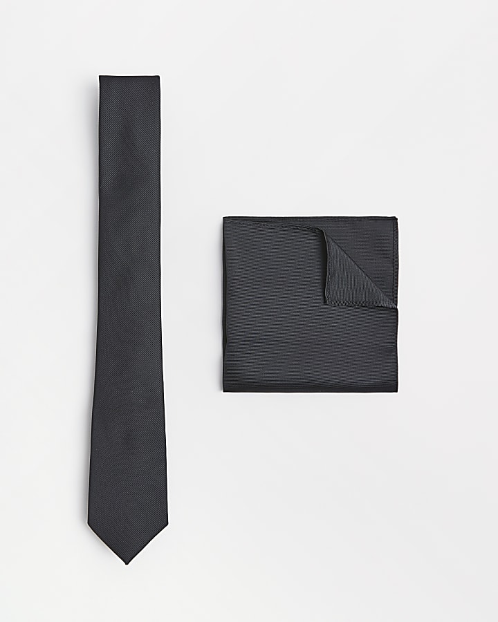 Black twill tie and handkerchief set