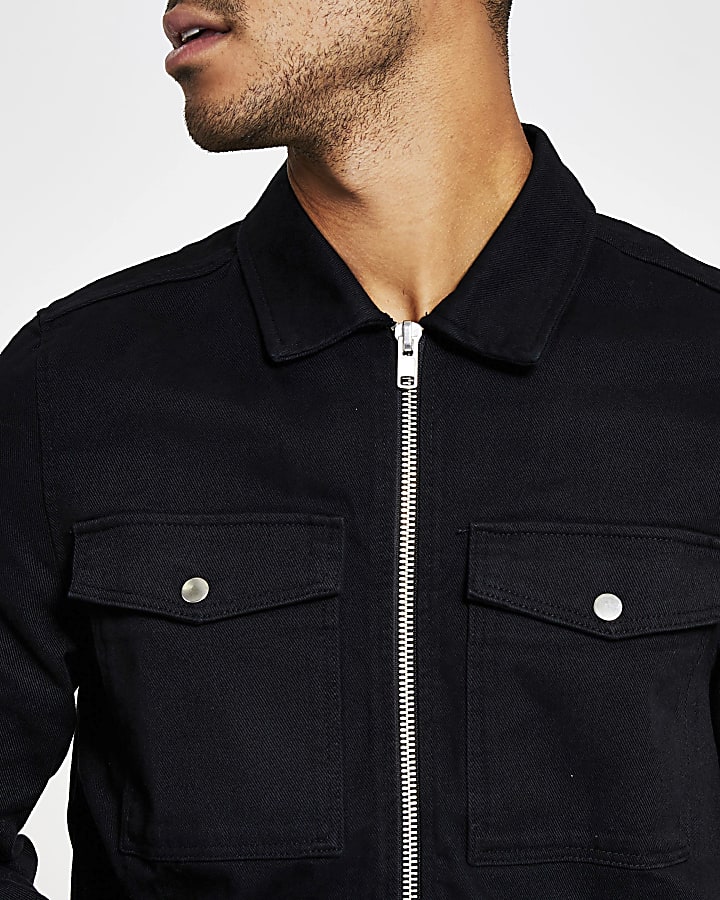 Black twill zip front regular fit Overshirt
