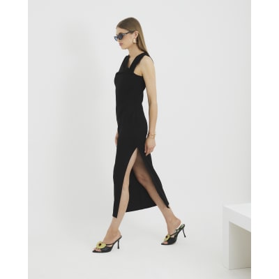 Black Twist Detail Drape Midi Dress