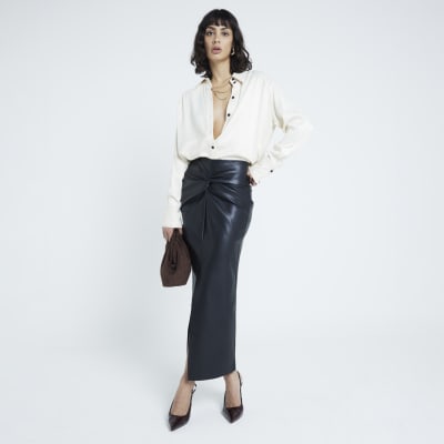 Black Twist Detail Faux Leather Midi Skirt River Island