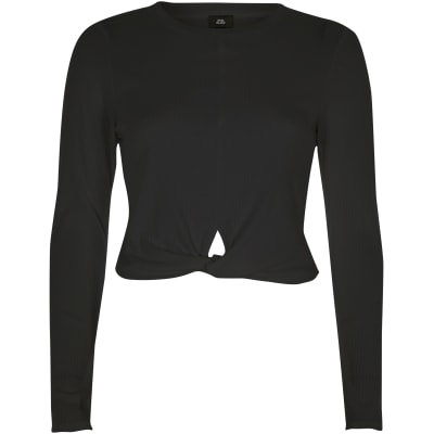 Black twist front long sleeve crop top