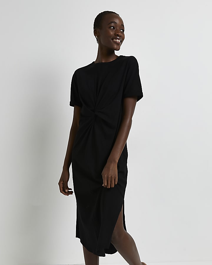Black twist front t-shirt midi dress