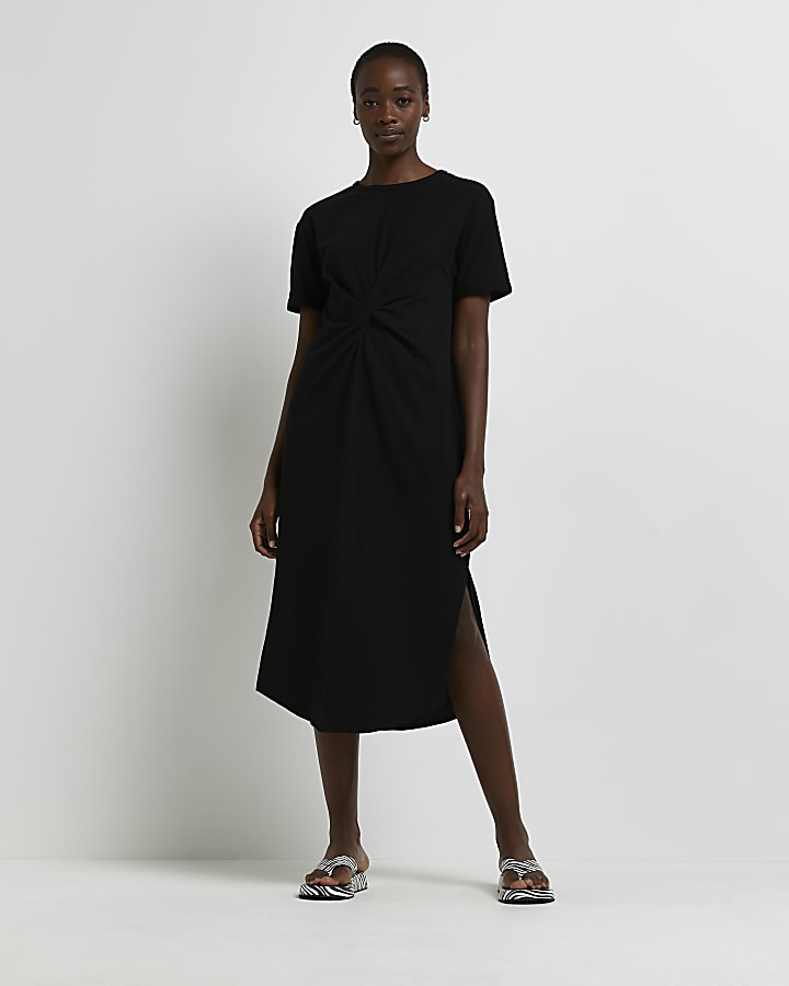Black twist front t-shirt midi dress