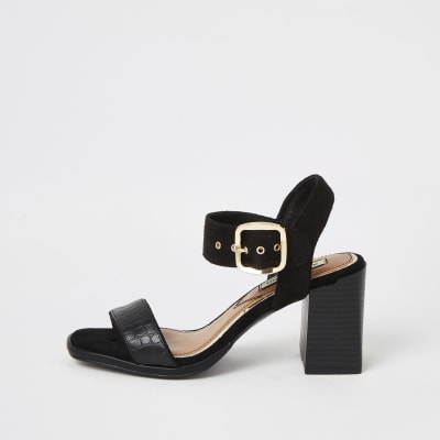 Black two part block heel sandals 