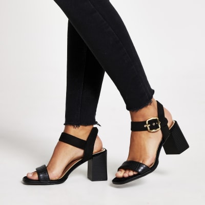 Black two part block heel sandals 