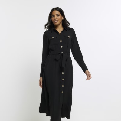 Black Utility Belted Midi Shirt Dress | River Island