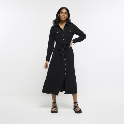 Black Utility Belted Midi Shirt Dress | River Island