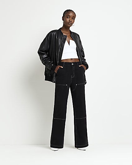 Black utility straight trousers