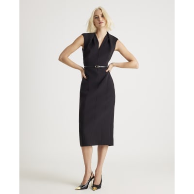 Black v neck belted midi dress
