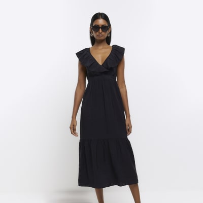 black-v-neck-frill-maxi-dress-river-island