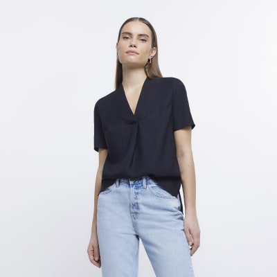 Black v-neck short sleeve top | River Island