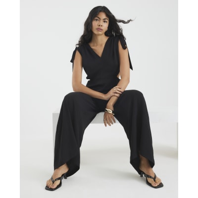 Black V Neck Tie Detail Jumpsuit