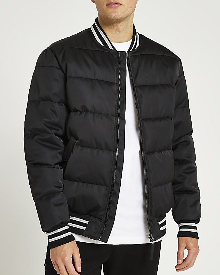 Black varsity stripe bomber puffer jacket