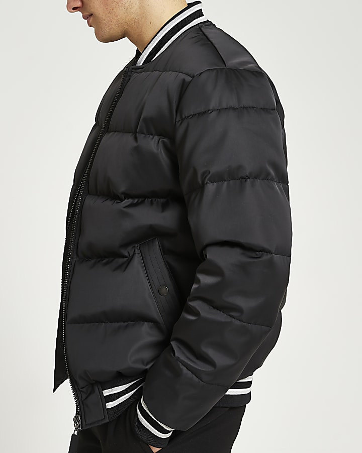 Black varsity stripe bomber puffer jacket