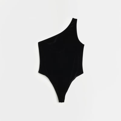 Black velour asymmetric bodysuit