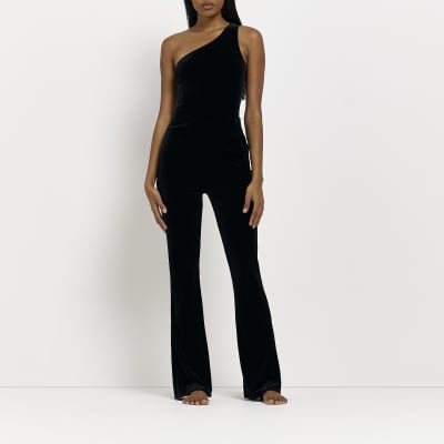 Black velour asymmetric bodysuit River Island