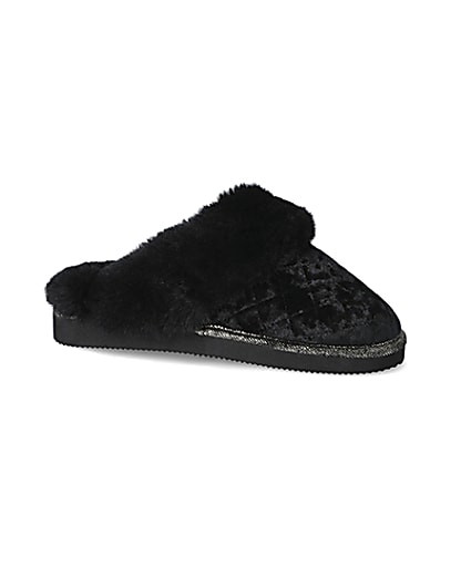 360 degree animation of product Black velted quilted faux fur mule slippers frame-13