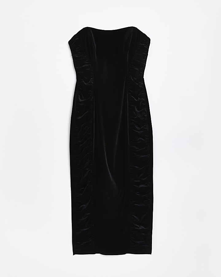 Black velvet bandeau midi bodycon dress