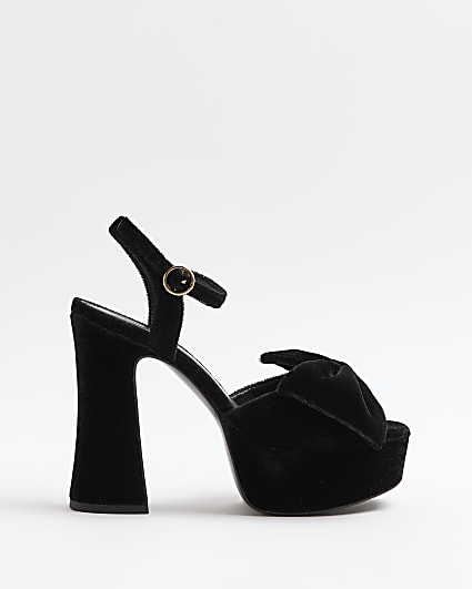 Black velvet bow platform heeled sandals