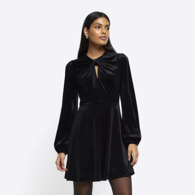 River Island Womens Black Velvet Bow Shift Mini Dress