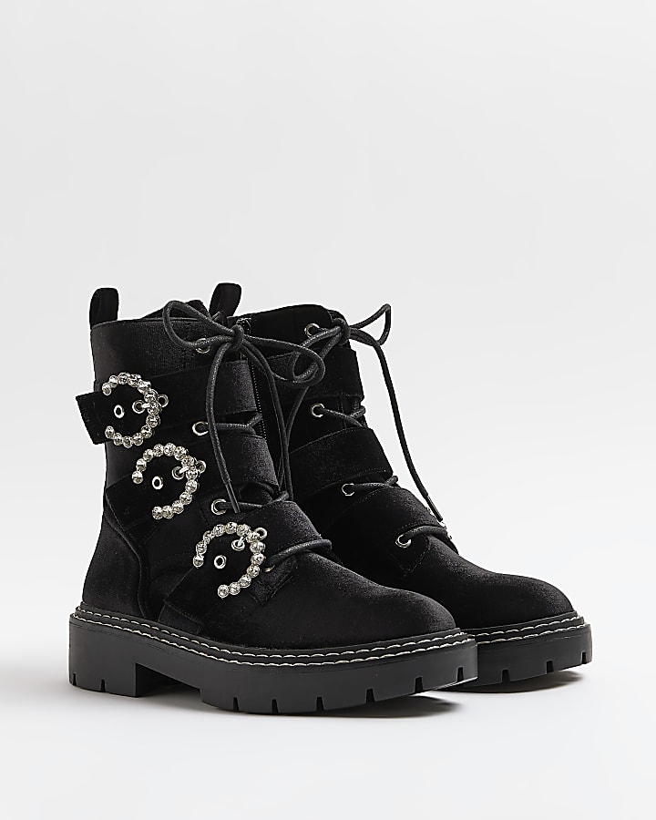 Black velvet diamante buckle ankle boots