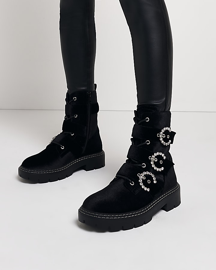 Black velvet diamante buckle ankle boots
