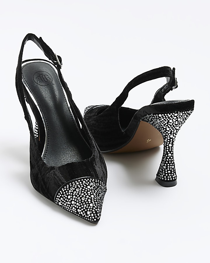 Black velvet diamante heeled sling back shoes